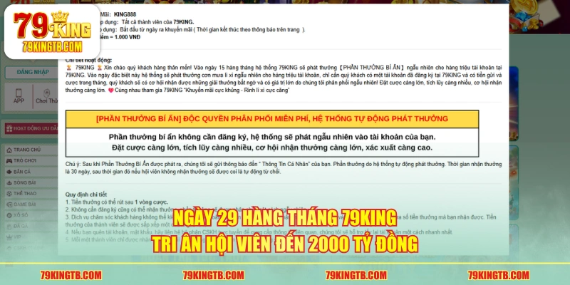 Ngày 29 hàng tháng 79KING tri ân hội viên đến 2000 tỷ đồng